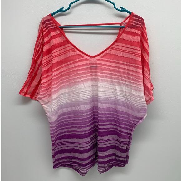 Maurices Womens XXL Top Pink Purple White Sheer Striped V-Neck Stretch Coverup - Picture 1 of 8